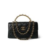 Black Lambskin Quilted Pearl Crystal Top Handle Phone Holder Aged Gold Hardware - Image 10
