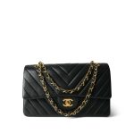 Black Lambskin Chevron Quilted Classic Flap Medium Gold Hardware - Image 13