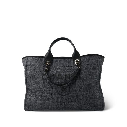21S Navy/Black Raffia/Tweed Quilted Deauville Tote Large Light Gold Hardware