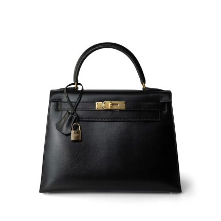 Kelly 28 Sellier Black Box Calfskin Gold Plated Y Circle Stamp