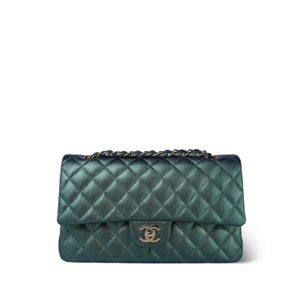 22P Iridescent Green Caviar Quilted Classic Flap Medium Light Gold Hardware