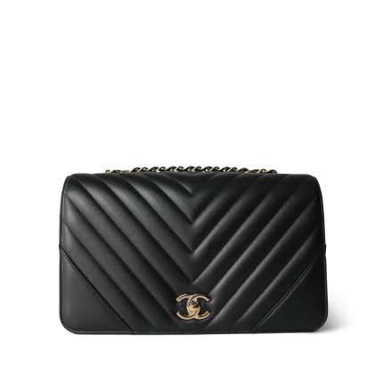 Black Calfskin Chevron Quilted Statement Flap Bag Medium LGHW