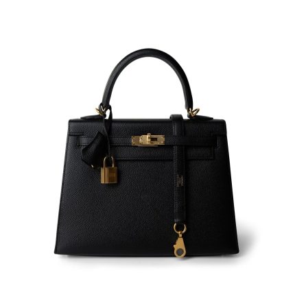 Kelly Sellier 25 Noir Veau Epsom Leather Gold Plated Hardware Y Stamp