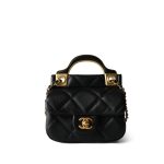 Black Calfskin Quilted Lady Handle Flap Card Holder on Chain Aged Gold Hardware