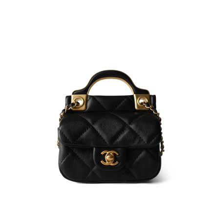 Black Calfskin Quilted Lady Handle Flap Card Holder on Chain Aged Gold Hardware