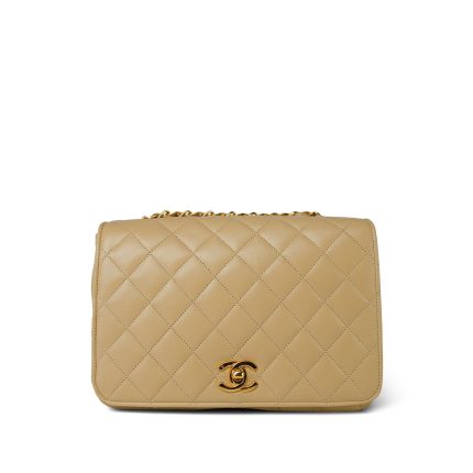 Light Beige Lambskin Quilted Full Flap Bag Gold Hardware