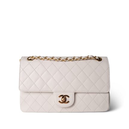 Vintage White Lambskin Quilted Double Flap Medium GHW