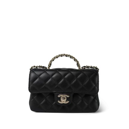 Black Lambskin Quilted Mini Crystal Top Handle LGHW