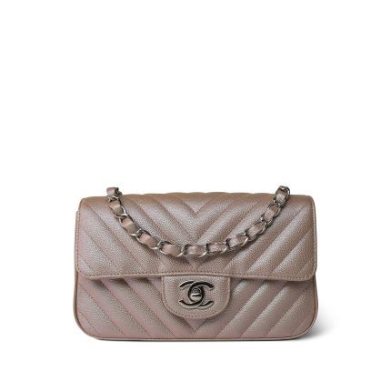 17B Rose Gold Iridescent Caviar Chevron Mini Rectangular Flap Silver Hardware