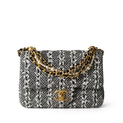 24P Black White Silver Tweed Quilted Pearl Aged Gold Hardware