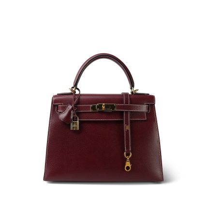 Kelly 28 Rouge H Courchevel Sellier White Stitching Gold Plated F Square Stamp