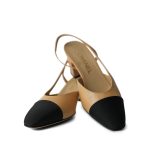 Chanel Beige Black Goatskin Grosgrain Cap Toe CC Slingback Pumps Size 36