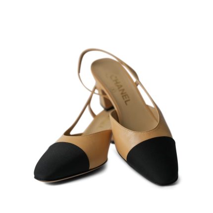 Chanel Beige Black Goatskin Grosgrain Cap Toe CC Slingback Pumps Size 36