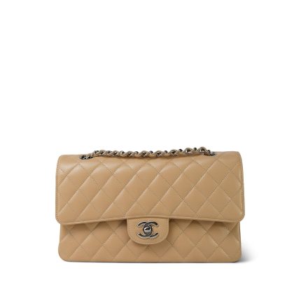 Beige Clair Caviar Quilted Classic Flap Medium Silver Hardware
