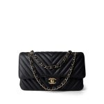 Black Lambskin Chevron Medium Classic Flap Light Gold Hardware - Image 11