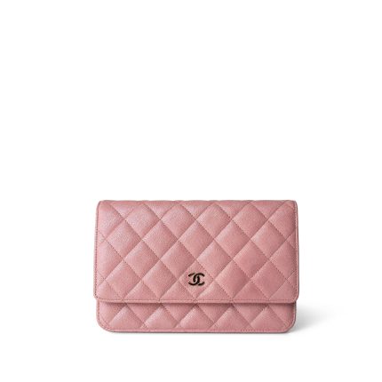 19S Iridescent Pink Caviar Quilted Wallet on Chain WOC
