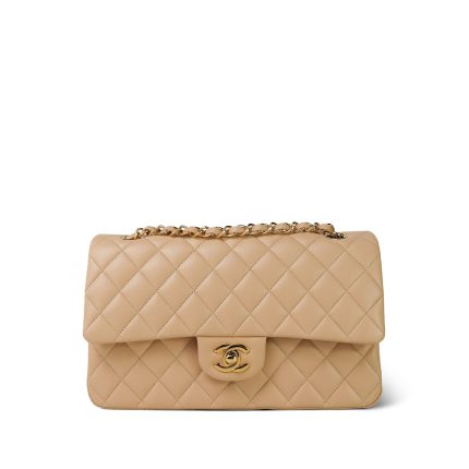 Beige Clair Lambskin Quilted Classic Flap Medium Gold Hardware