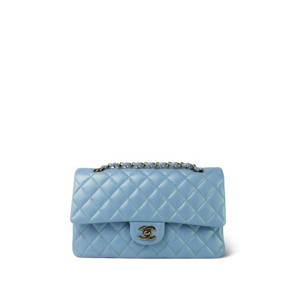 Pearly Blue Calfskin Classic Flap Medium Light Gold Hardware