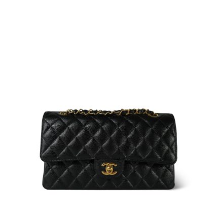 Black Caviar Quilted Medium Double Flap Gold Hardware