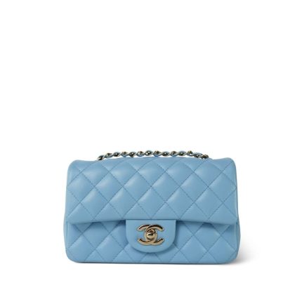 Light Blue Lambskin Quilted Mini Rectangular Flap Light Gold Hardware