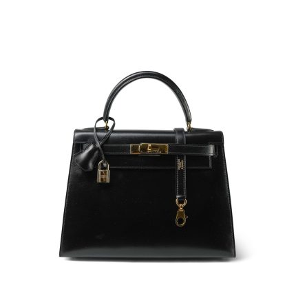 Kelly 28 Sellier Black Box Calfskin Gold Plated Y Circle Stamp