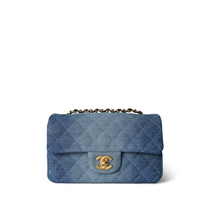 24S Blue Denim Quilted Mini Rectangular Flap Aged Gold Hardware