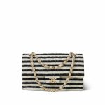 Ivory/Black Striped Coco Sailor Pearl Classic Flap Medium LGHW - Image 12