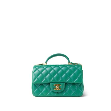 Green Lambskin Quilted Mini Top Handle Aged Gold Hardware