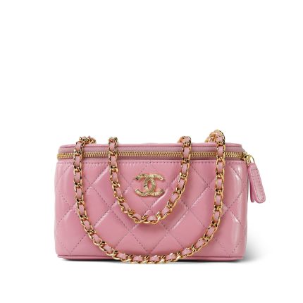 Pink Glazed Calfskin Quilted Small Vanity Case Gold Hardware