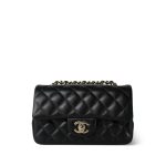 22P Black Lambskin Quilted Mini Rectangular Flap Light Gold Hardware