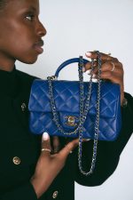 Blue Lambskin Quilted Mini Top Handle Light Gold Hardware - Image 14