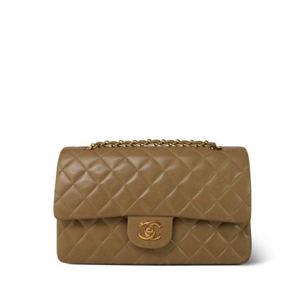 Dark Beige Lambskin Quilted Classic Flap Medium Gold Hardware