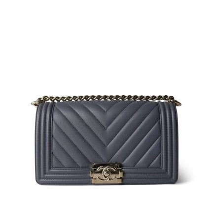 Grey Lambskin Chevron Quilted Boy Bag Medium LGHW