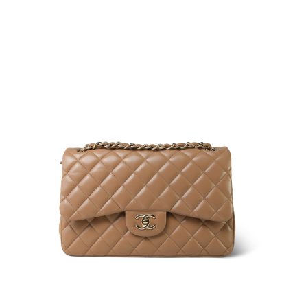 Dark Beige / Caramel Lambskin Quilted Jumbo Classic Flap Light Gold Hardware