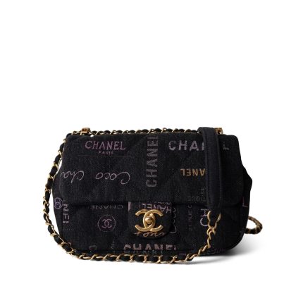22P Small Black Denim Quilted Single Flap AGHW