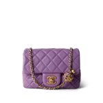 22S Purple Lambskin Quilted Pearl Crush Mini Square Aged Gold Hardware - Image 11