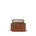24K Caramel Lambskin Quilted Pearl Crush Vanity Case With Chain Aged Gold Hardware - Image 14