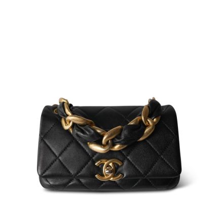 Black Lambskin Quilted Entwined Mini Single Flap Aged Hardware