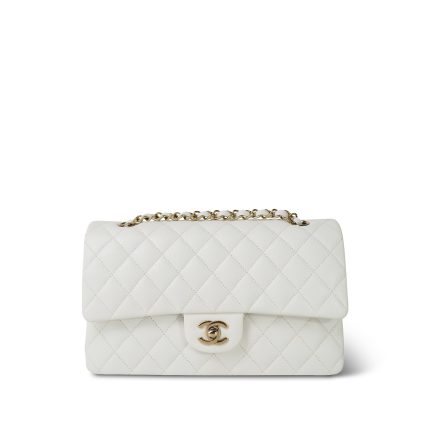 22K White Caviar Quilted Classic Flap Medium Light Gold Hardware