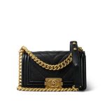 Black Caviar Chevron Quilted Boy Bag Small Aged Gold Hardware - Image 13