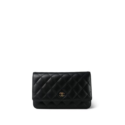Black Caviar Quilted Wallet on Chain (WOC) Gold Hardware
