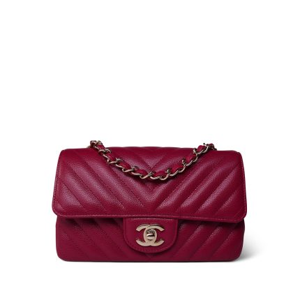 18B Raspberry Caviar Chevron Quilted Mini Rectangular Flap Light Gold Hardware