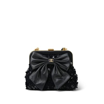24A Black Sequin Tweed Lambskin Bow Clutch With Chain Aged Gold Hardware