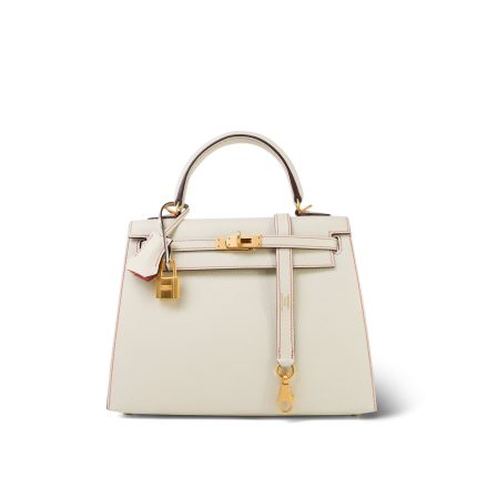 Kelly 25 Sellier Bi-Color Horseshoe (HSS) Craie/Rose Jaipur Epsom Gold Plated A Stamp
