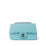 Light Blue Lambskin Quilted Mini Rectangular Flap Silver Hardware