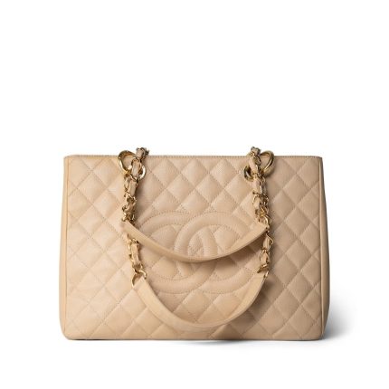 Beige Clair Caviar Quilted Grand Shopper Tote (GST) Gold Hardware