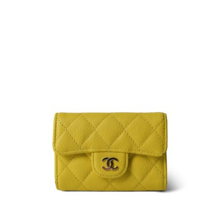 23C Yellow Caviar Quilted Key Holder Wallet Light Gold Hardware