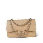 Beige Clair Caviar Quilted Jumbo Classic Flap Silver Hardware - Image 11