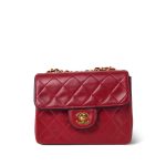 Red Lambskin Quilted Black Trim Mini Square Flap Gold Hardware