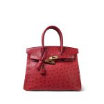 Birkin 30 Rouge Vif Ostrich Gold Plated X Stamp - Image 6